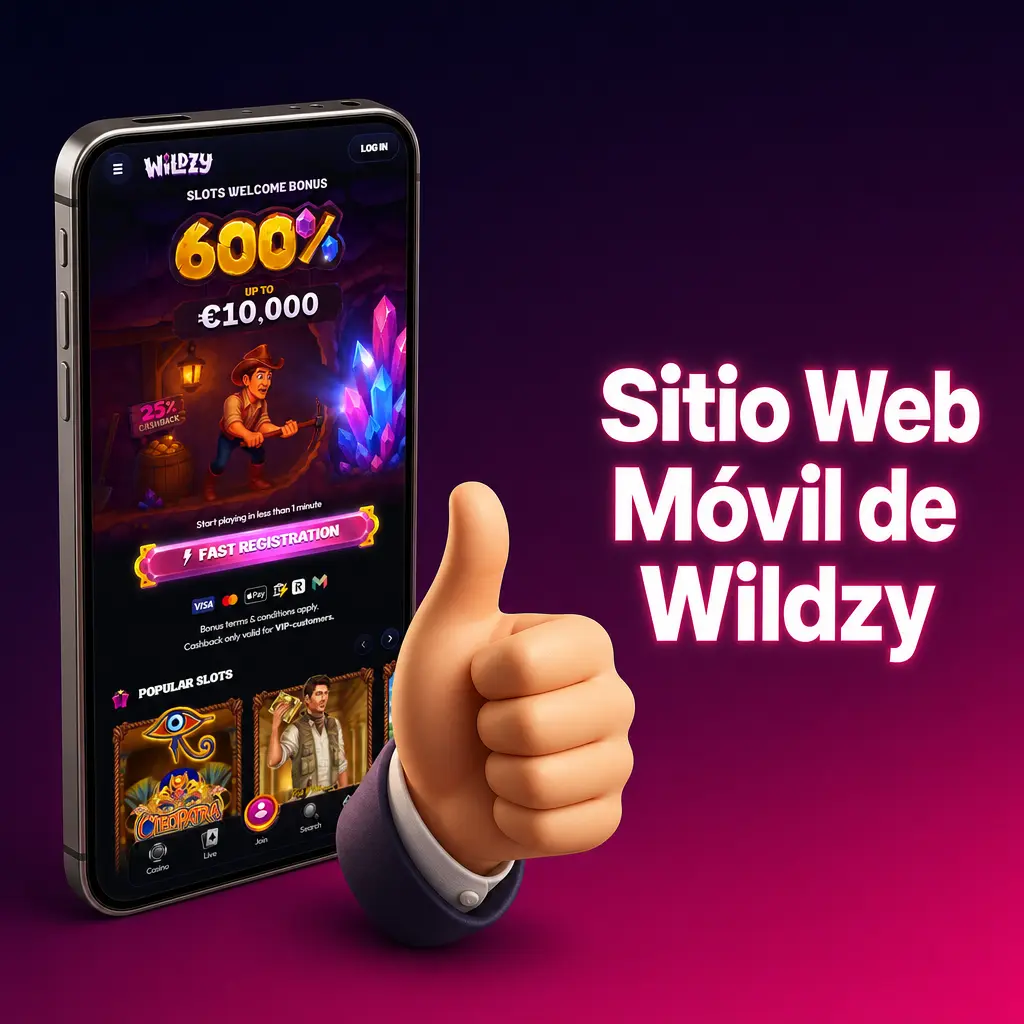 Sitio web móvil de Wildzy optimizado para smartphones y tablets con apuestas, casino y gestión de cuenta completa.